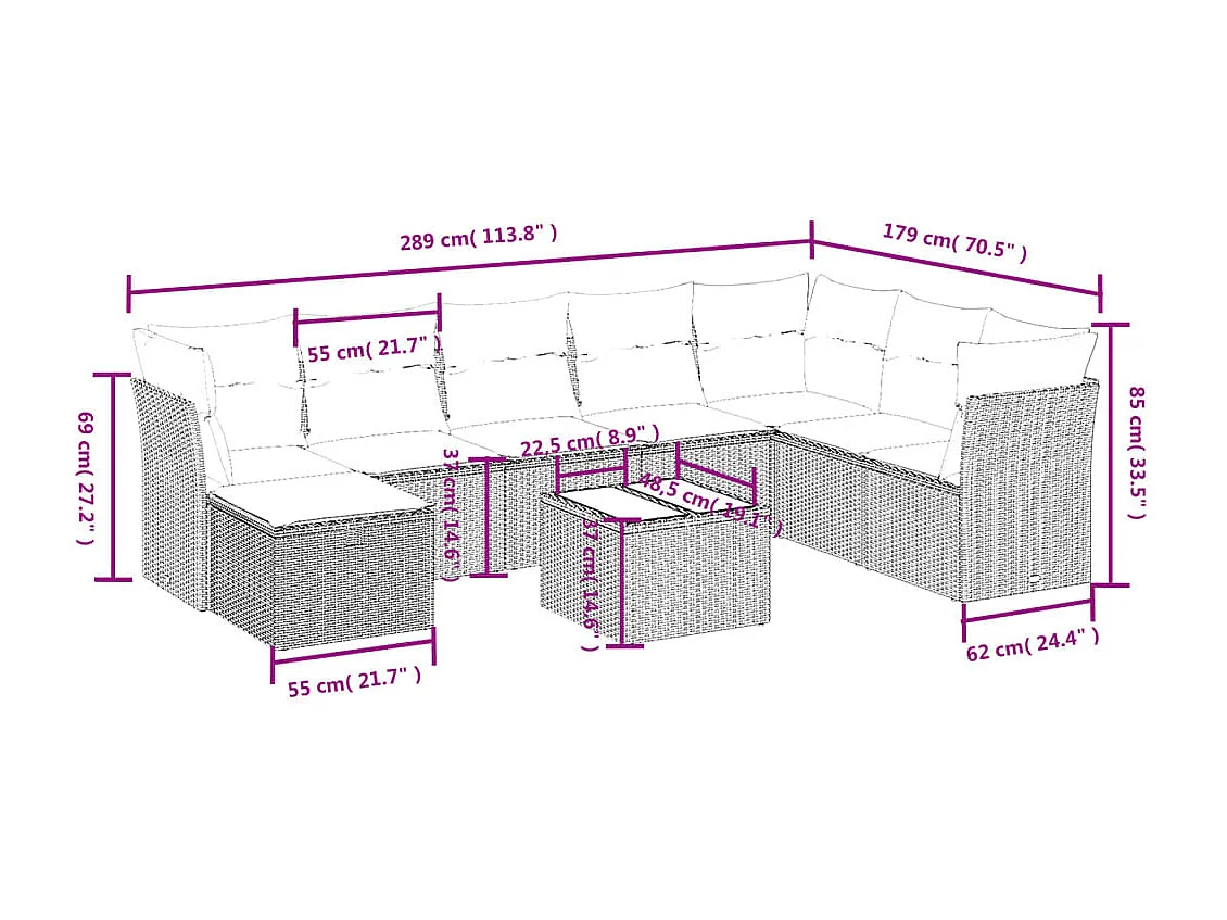 Salon de jardin 9 pièces avec coussins gris clair résine tressée