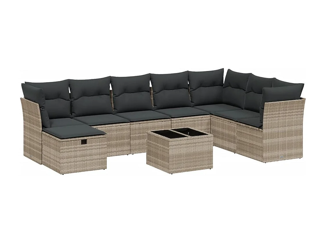 Salon de jardin 9 pièces avec coussins gris clair résine tressée