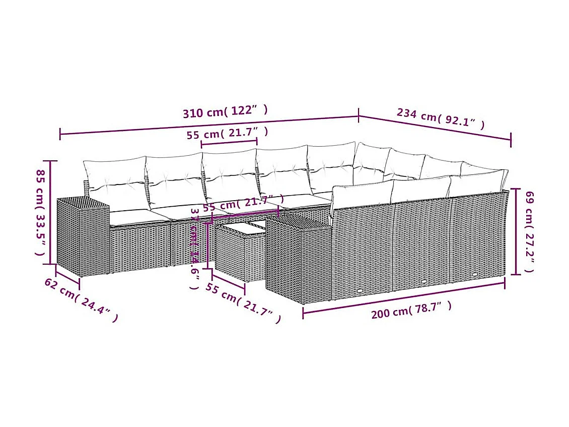 Salon de jardin 11 pièces avec coussins gris clair résine tressée