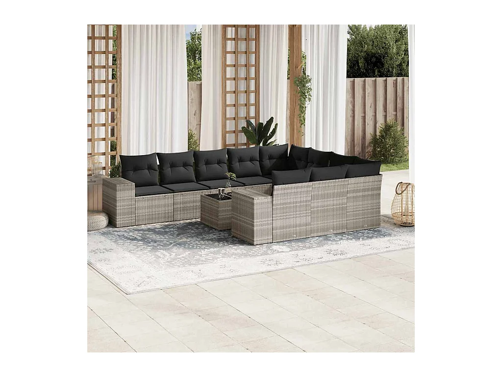 Set de sofás de jardín 11 piezas y cojines ratán sintético gris