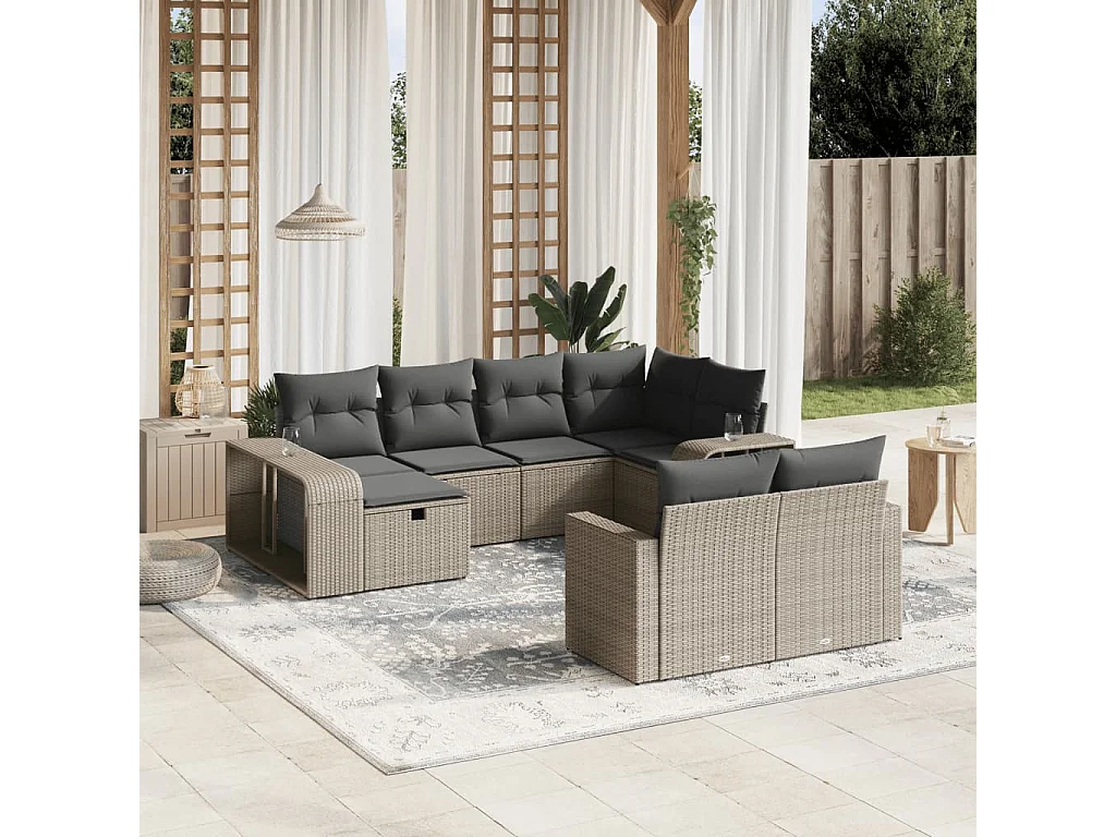 10 peças conj. sofás jardim com almofadões vime PE cinzento-claro