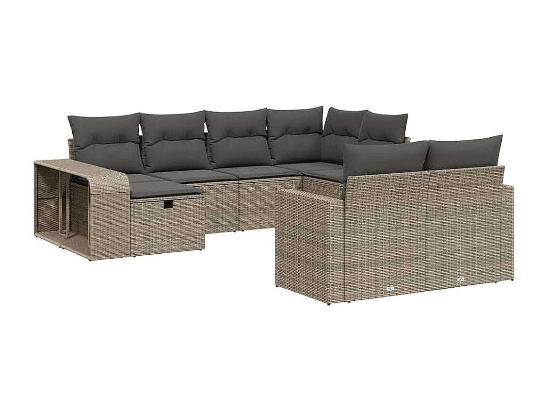 10 peças conj. sofás jardim com almofadões vime PE cinzento-claro