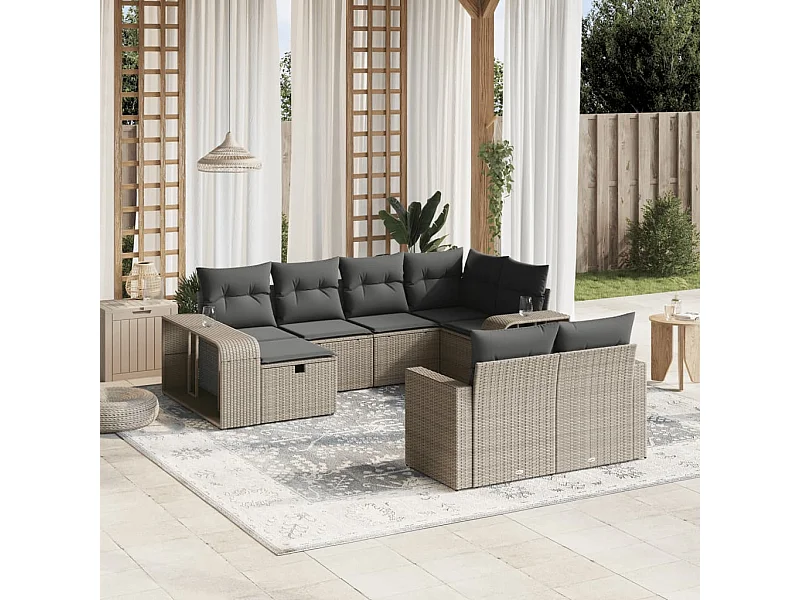 10 peças conj. sofás jardim com almofadões vime PE cinzento-claro