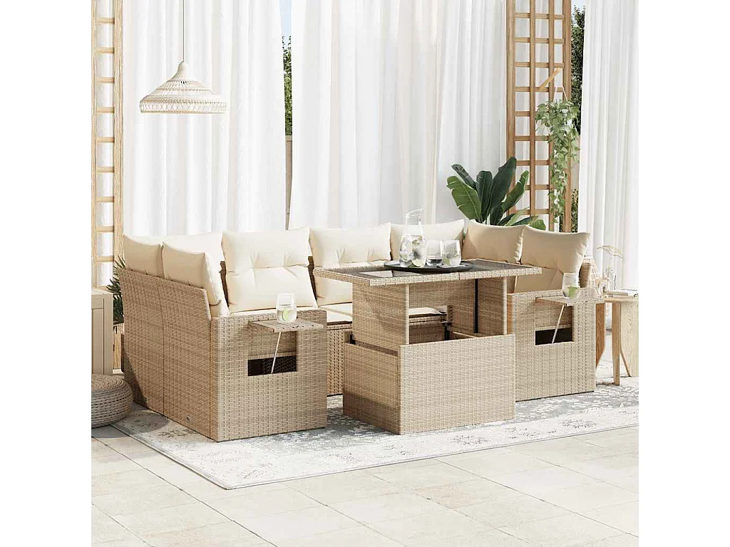 Salon de jardin avec coussins 7 pièces beige résine tressée