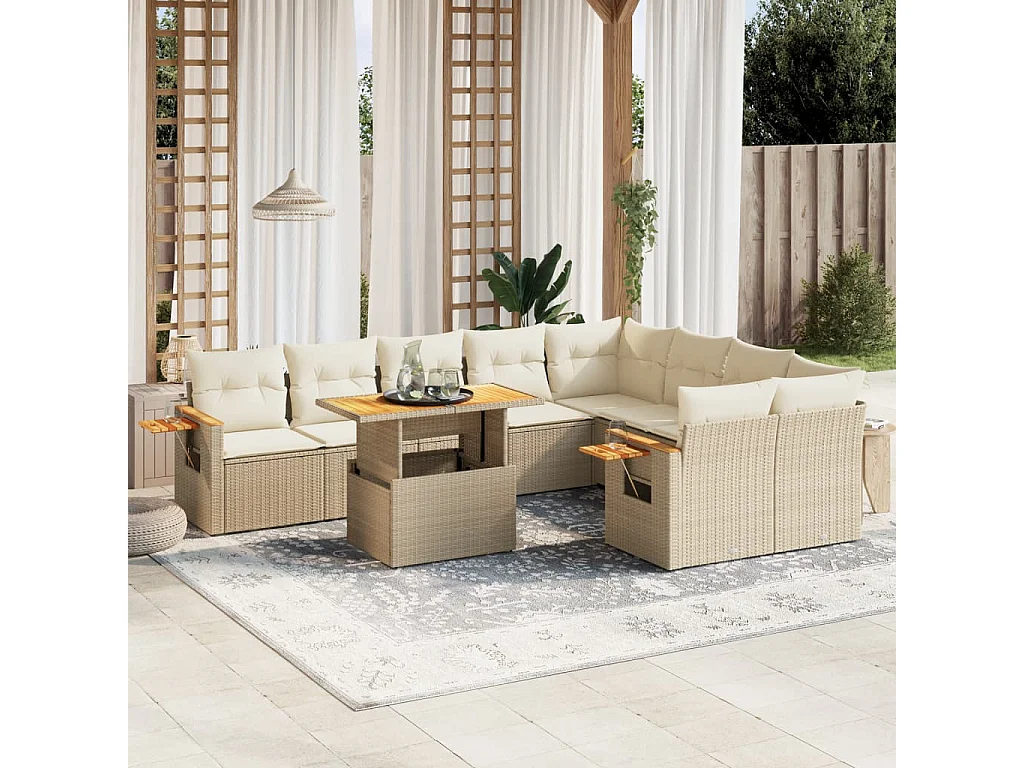 Salon de jardin avec coussins 10 pièces beige résine tressée