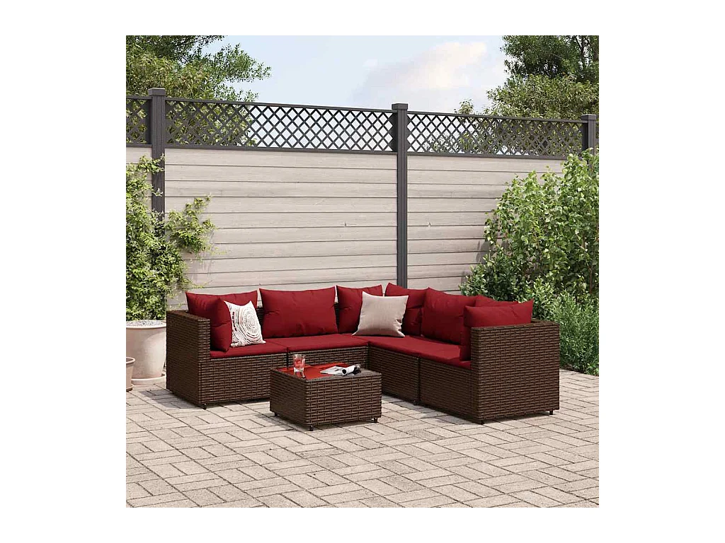 6-delige Loungeset met kussens poly rattan bruin