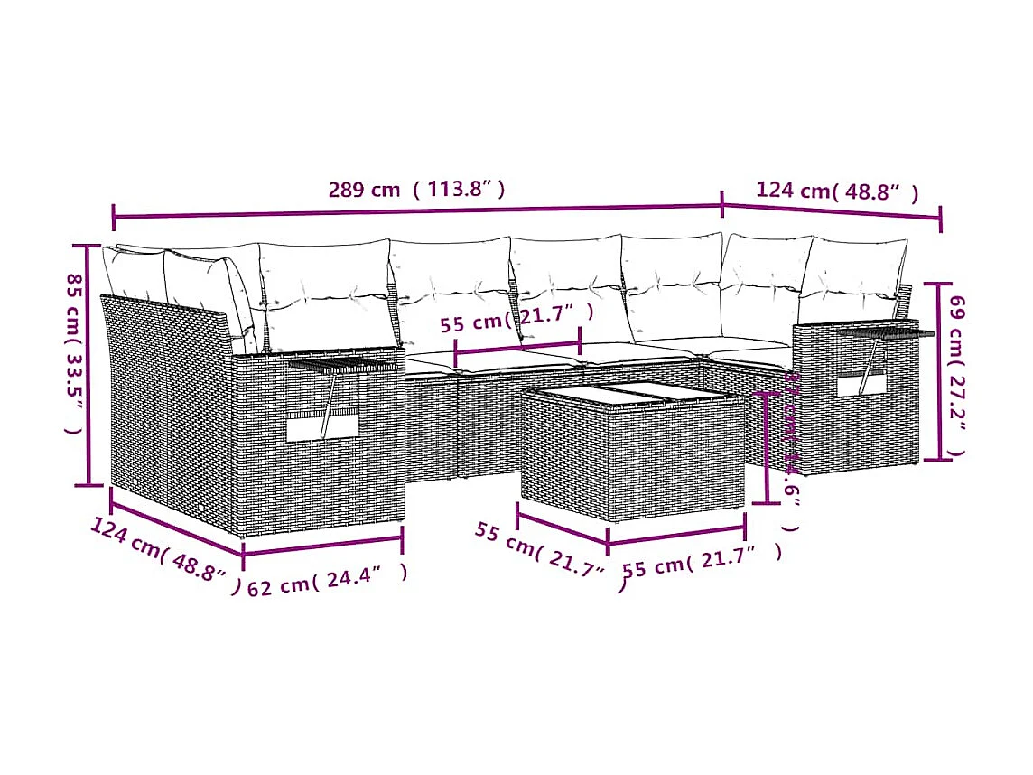 8 peças conj. sofás jardim com almofadões vime PE cinzento-claro
