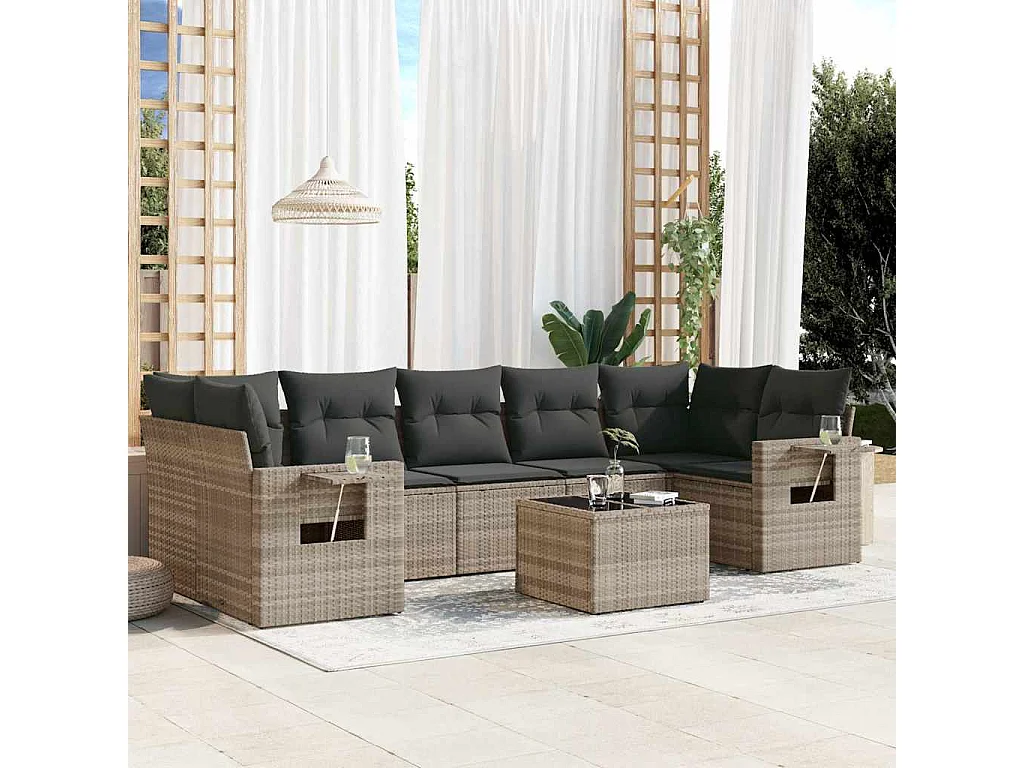 Salon de jardin 8 pièces avec coussins gris clair résine tressée
