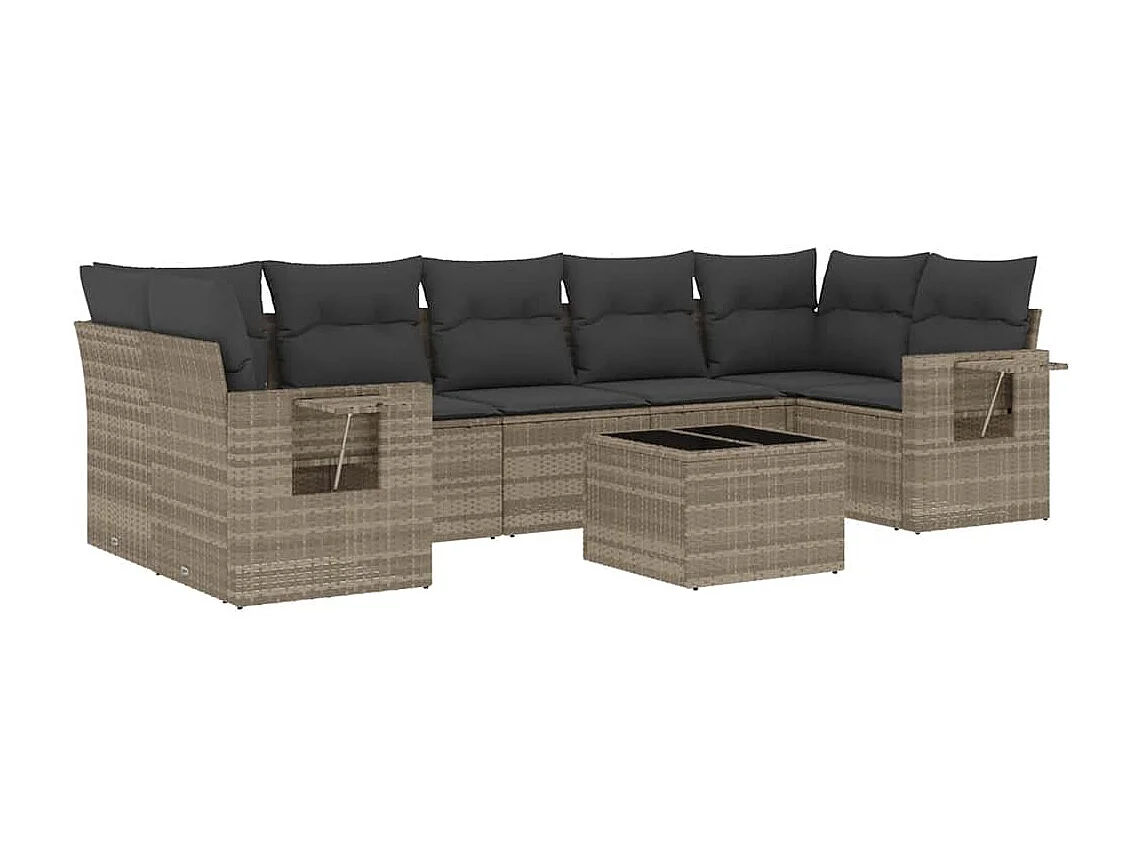 Salon de jardin 8 pièces avec coussins gris clair résine tressée