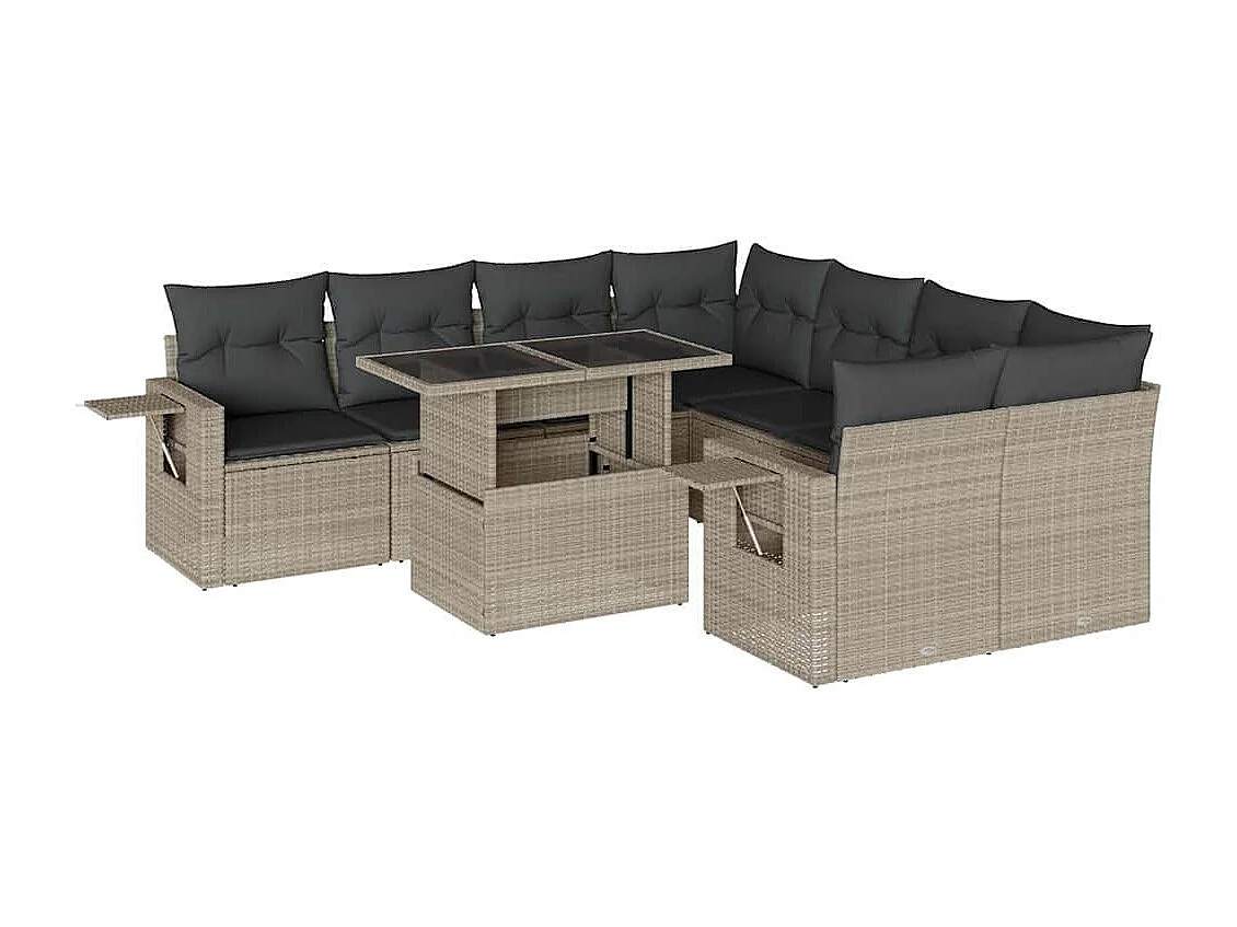 Salon de jardin 9 pièces avec coussins gris clair résine tressée