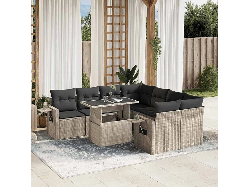 Salon de jardin 9 pièces avec coussins gris clair résine tressée