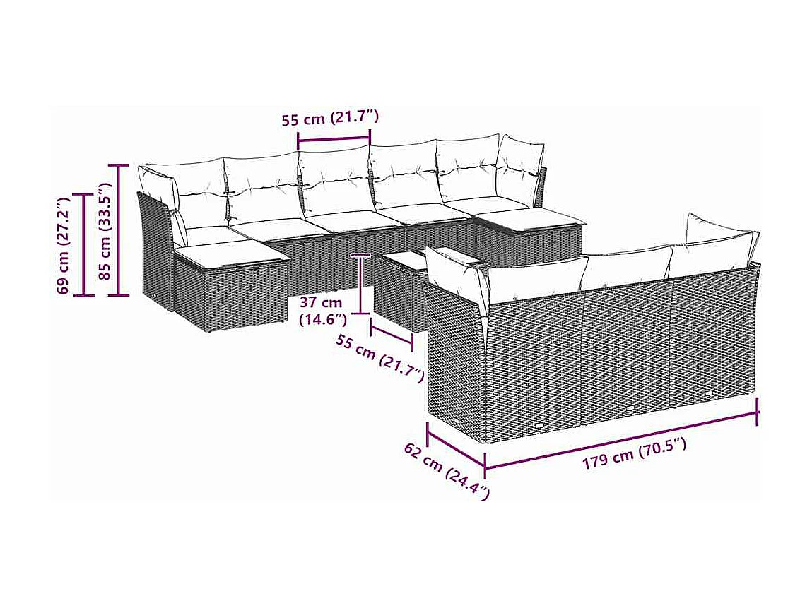 11-delige Loungeset met kussens poly rattan lichtgrijs