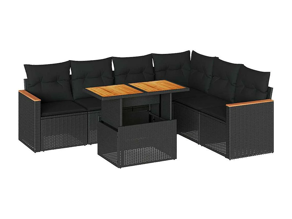 7-delige Loungeset met kussens poly rattan acacia zwart