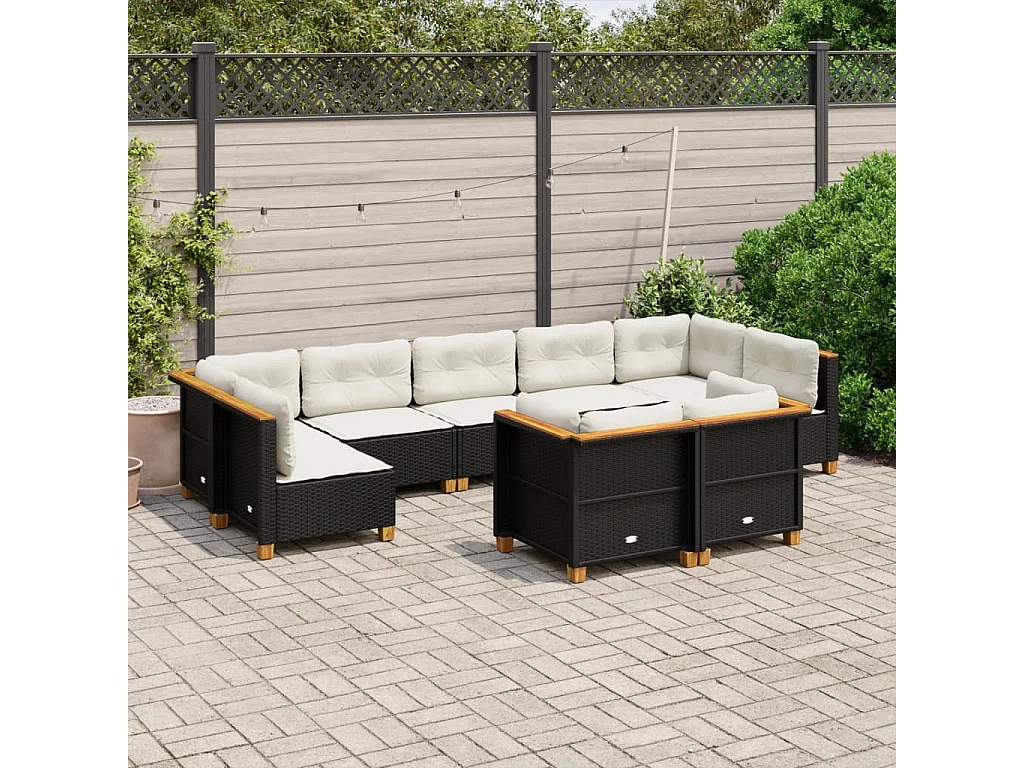 Set de sofás de jardín 8 piezas y cojines ratán sintético negro