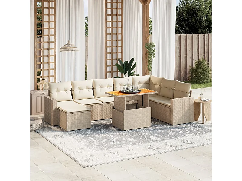 Salon de jardin avec coussins 9 pièces beige résine tressée
