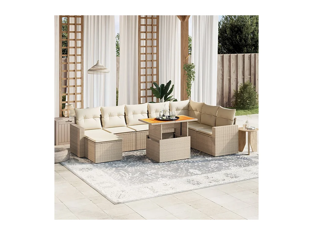 9 peças conjunto de sofás para jardim com almofadões vime PE bege