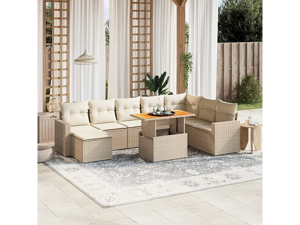 Salon de jardin avec coussins 9 pièces beige résine tressée