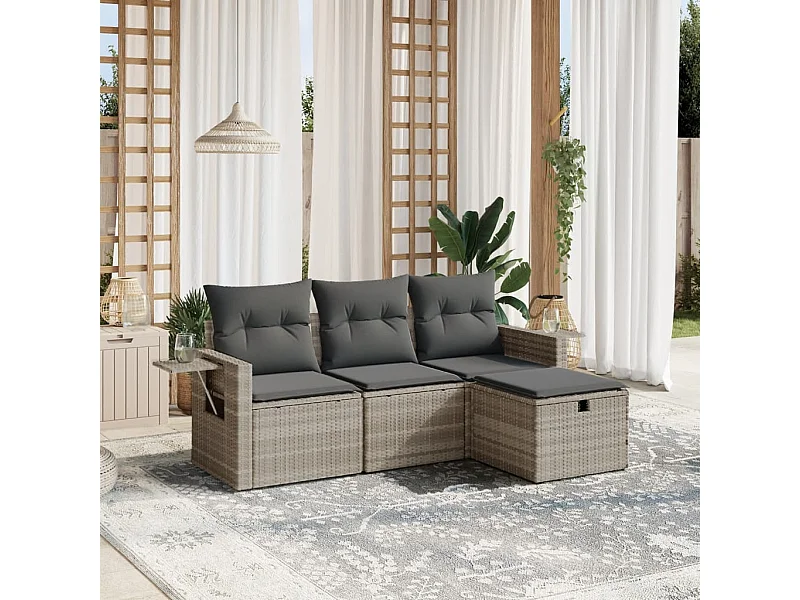 Salon de jardin 4 pièces avec coussins gris clair résine tressée