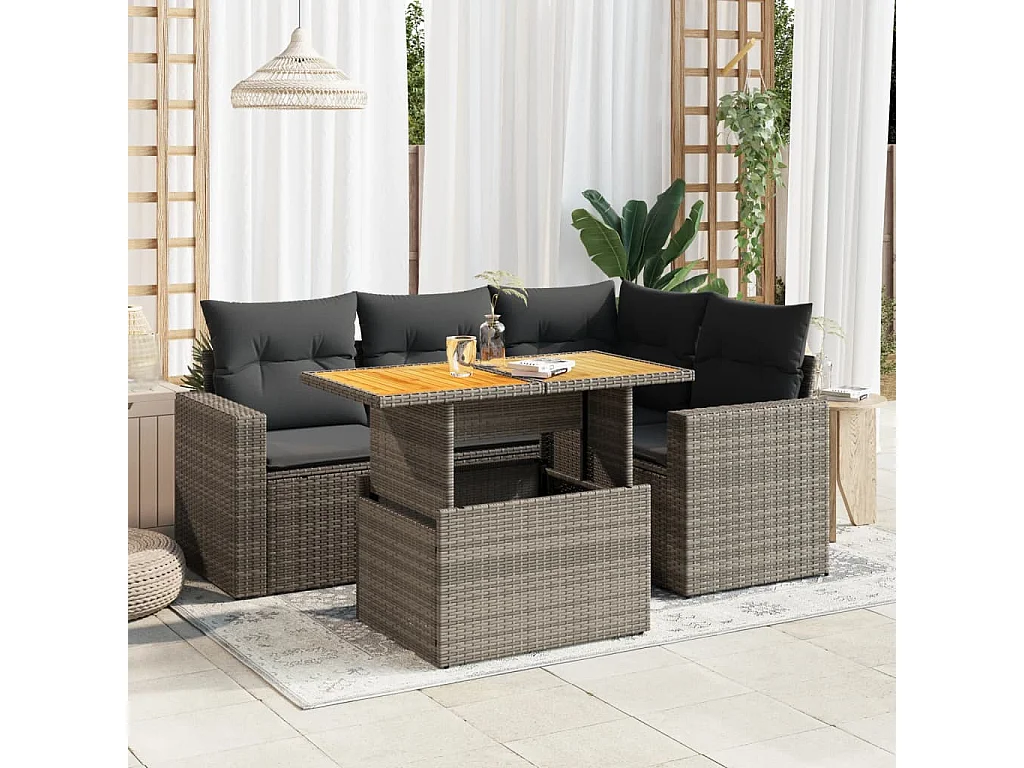 Salon de jardin 5 pièces avec coussins gris résine tressée