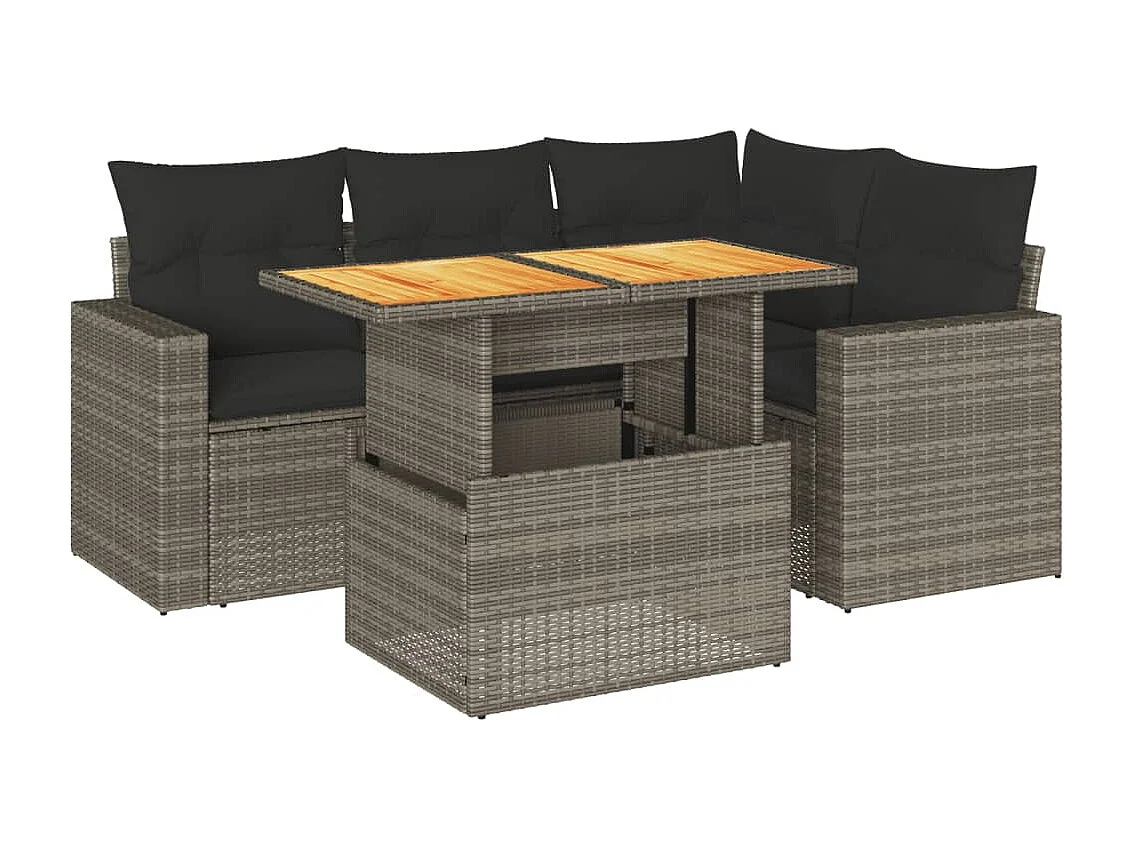 Salon de jardin 5 pièces avec coussins gris résine tressée