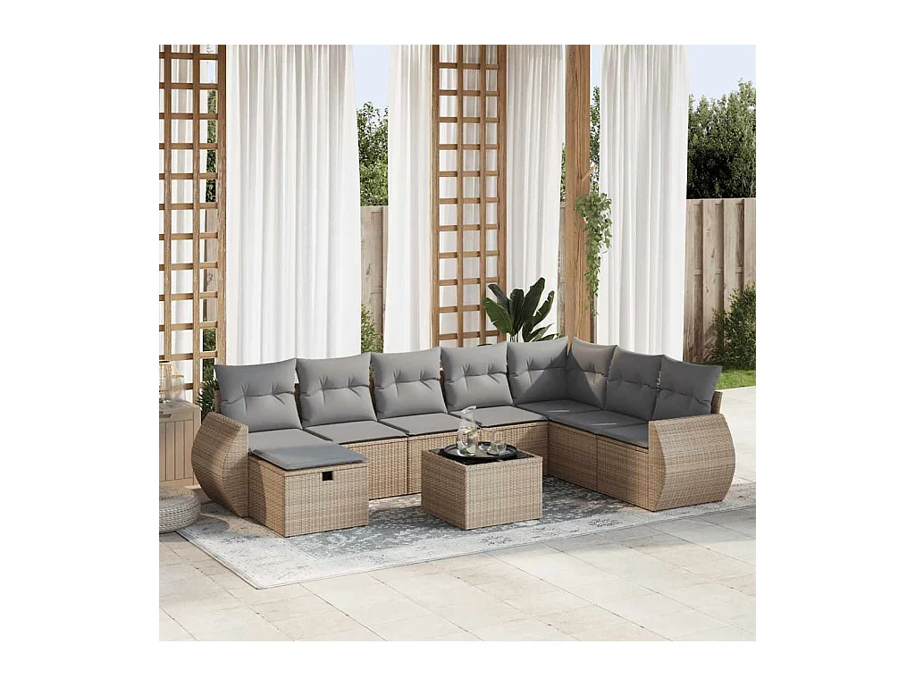 9 peças conjunto de sofás para jardim com almofadões vime PE bege