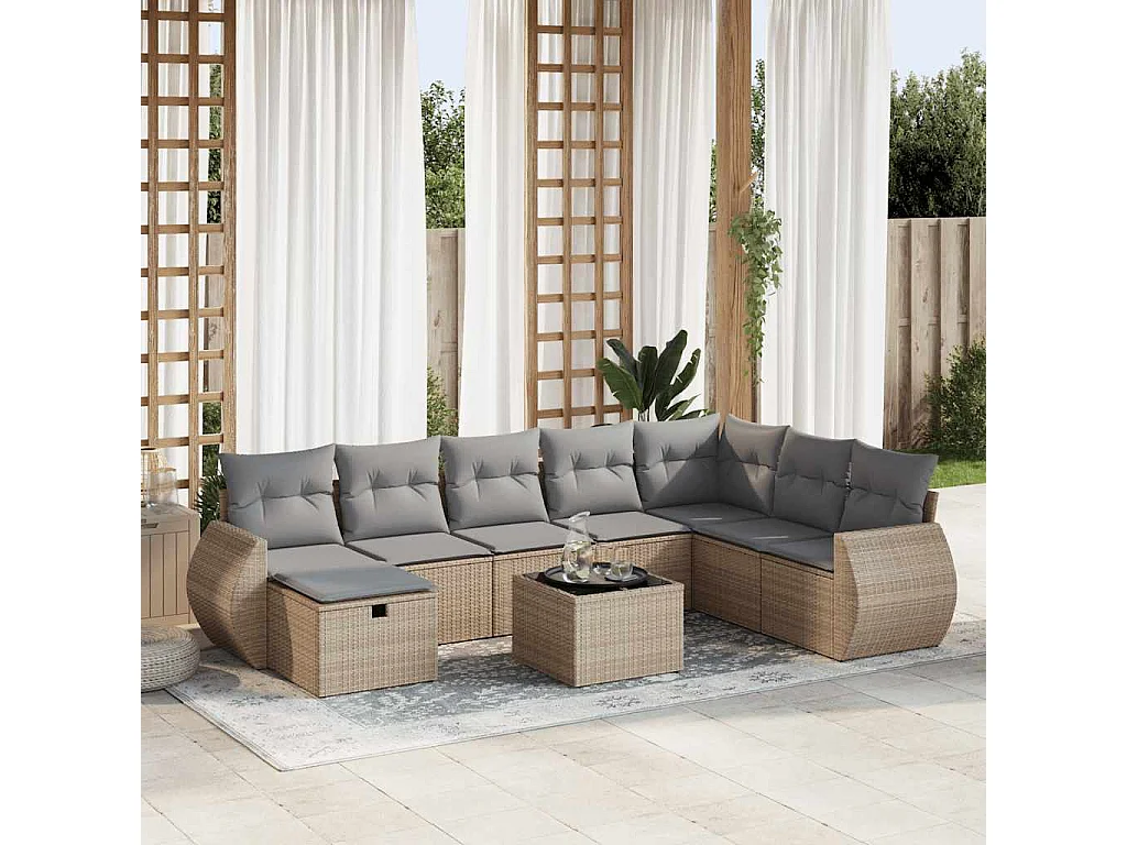 9-delige Loungeset met kussens poly rattan beige