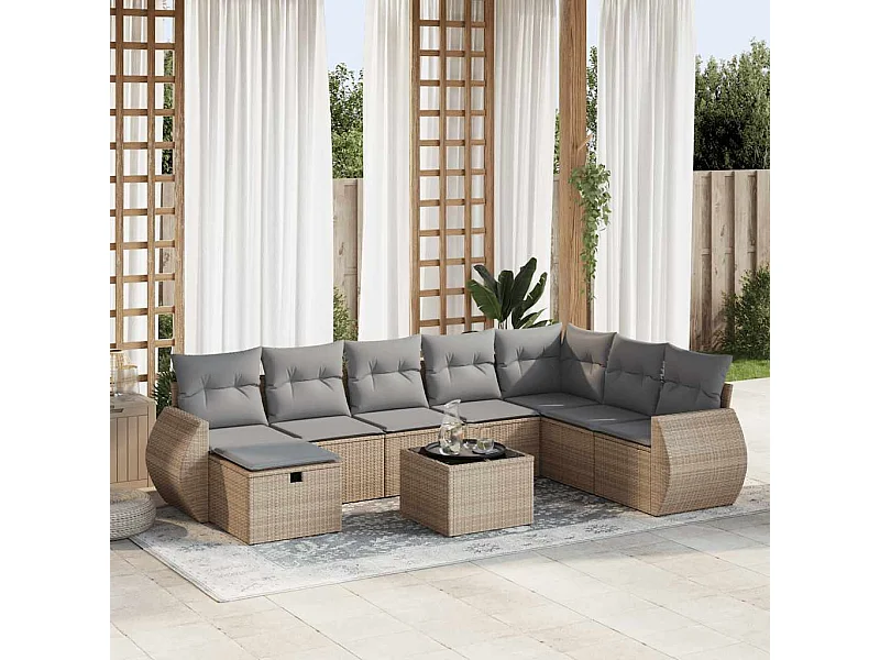 9-delige Loungeset met kussens poly rattan beige