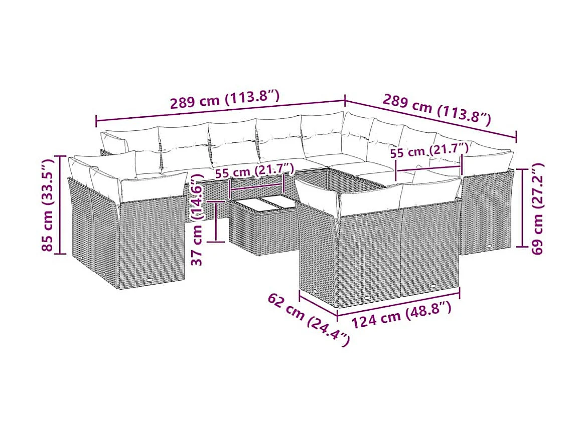 Salon de jardin avec coussins 14 pièces gris clair résine tressée