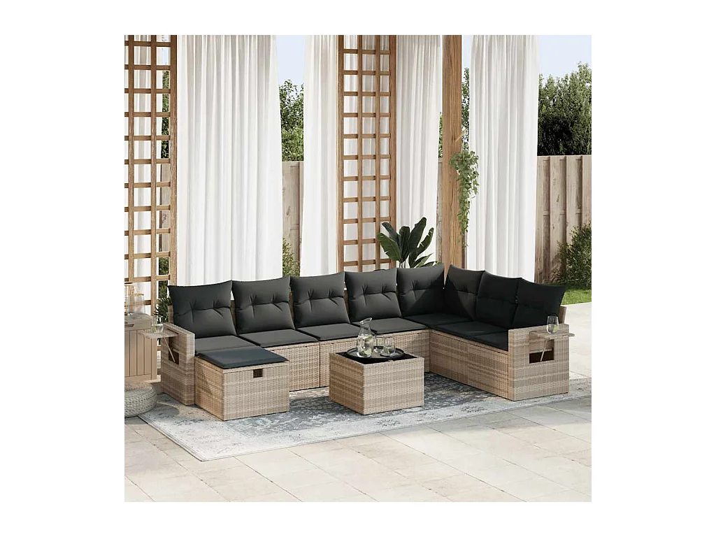 9-delige Loungeset met kussens poly rattan lichtgrijs