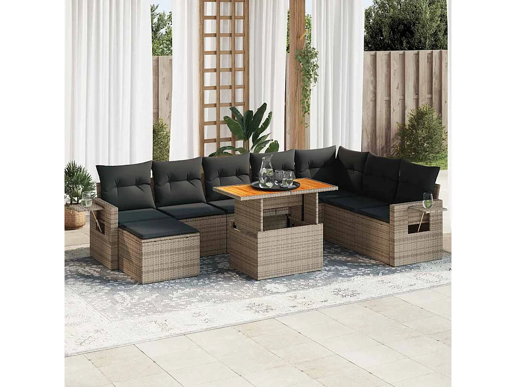 Set de sofás de jardín con cojines 9 piezas ratán sintético gris