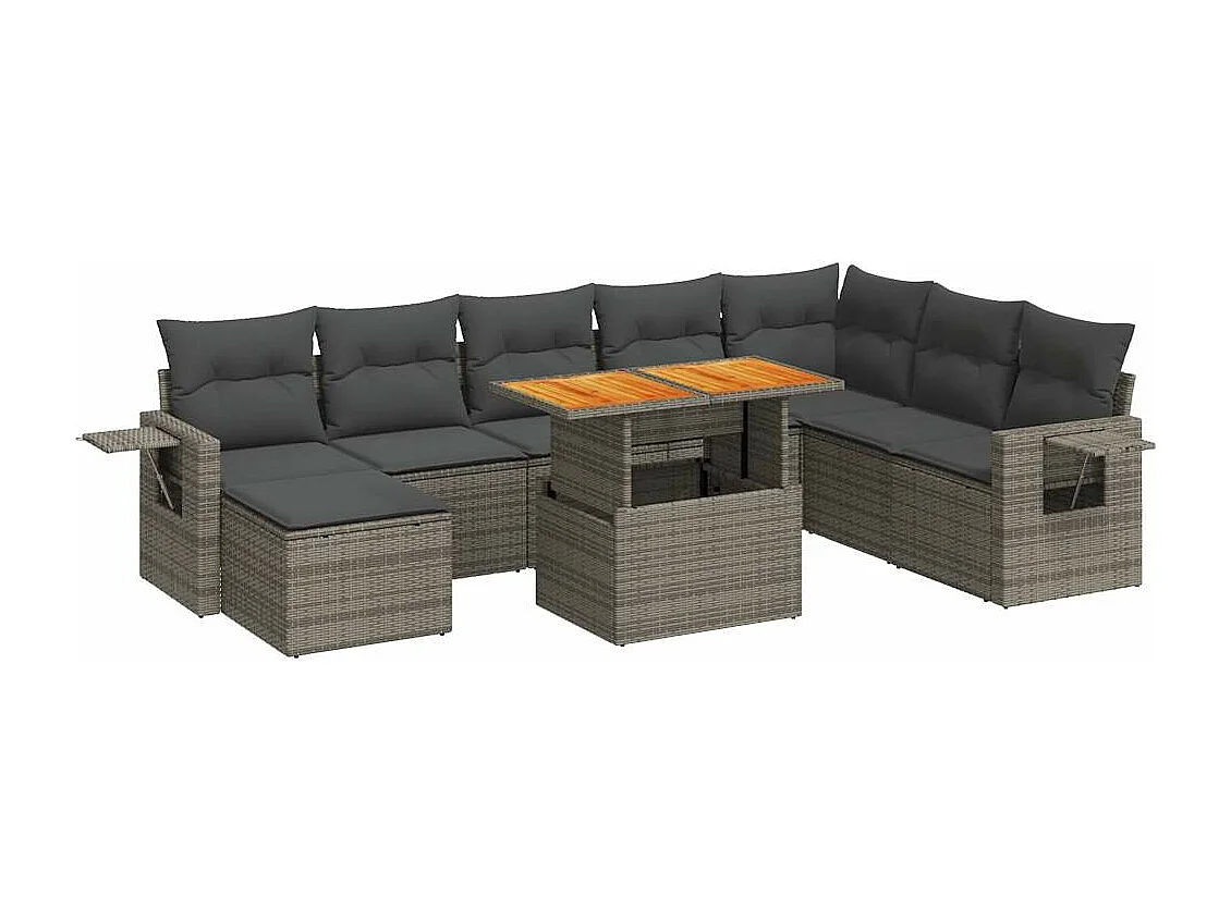 Set de sofás de jardín con cojines 9 piezas ratán sintético gris