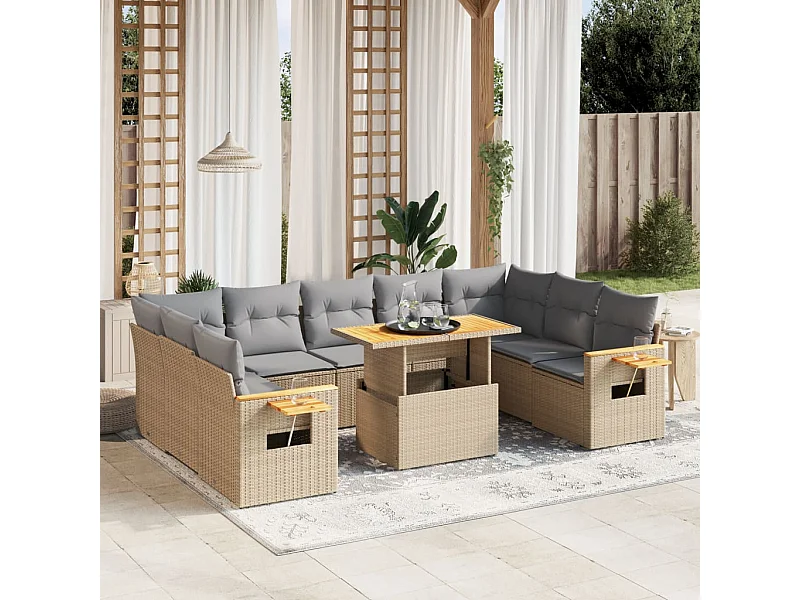 Salon de jardin avec coussins 10 pièces beige résine tressée