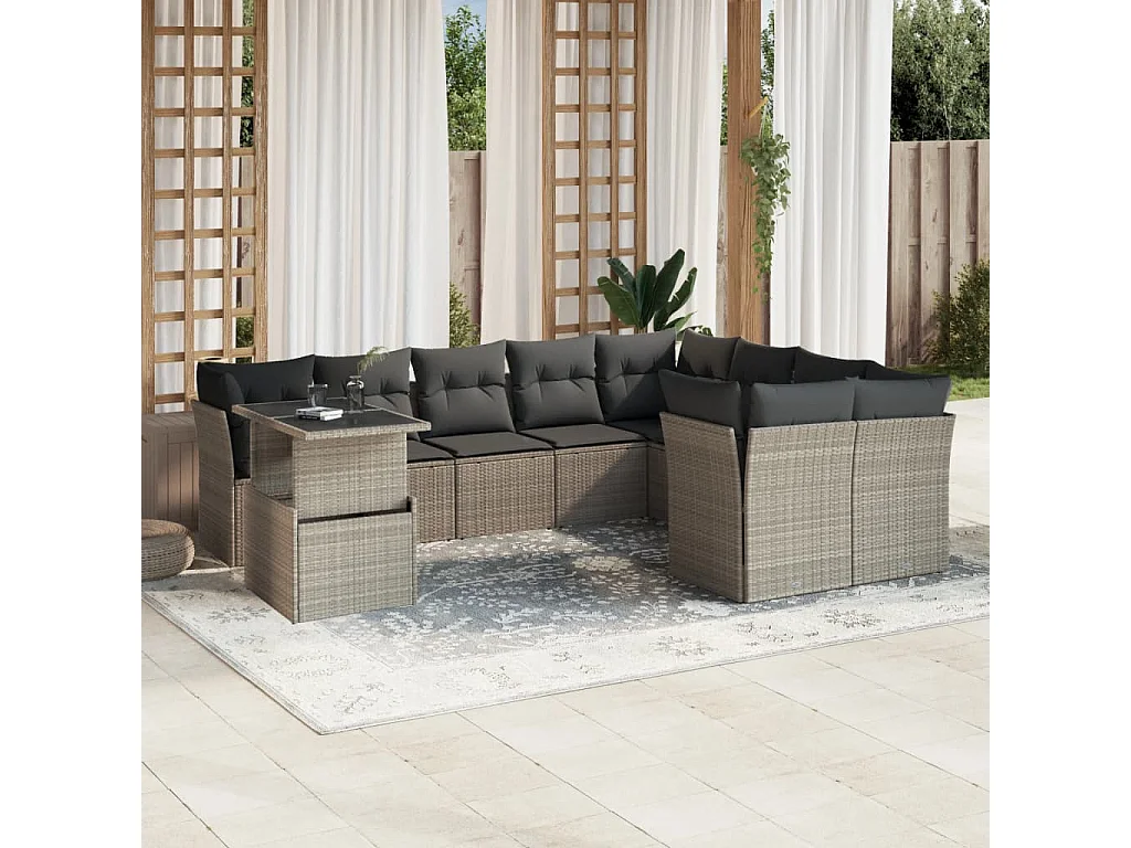 10-delige Loungeset met kussens poly rattan lichtgrijs