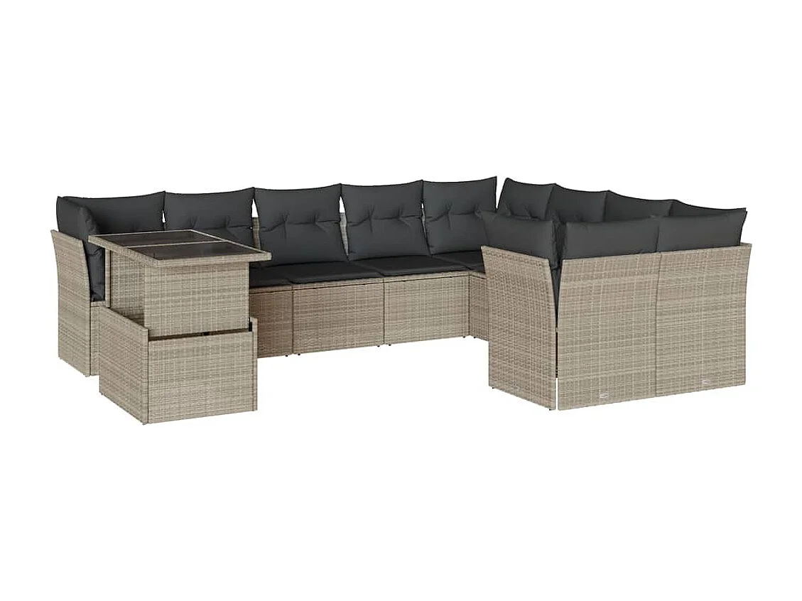 10-delige Loungeset met kussens poly rattan lichtgrijs