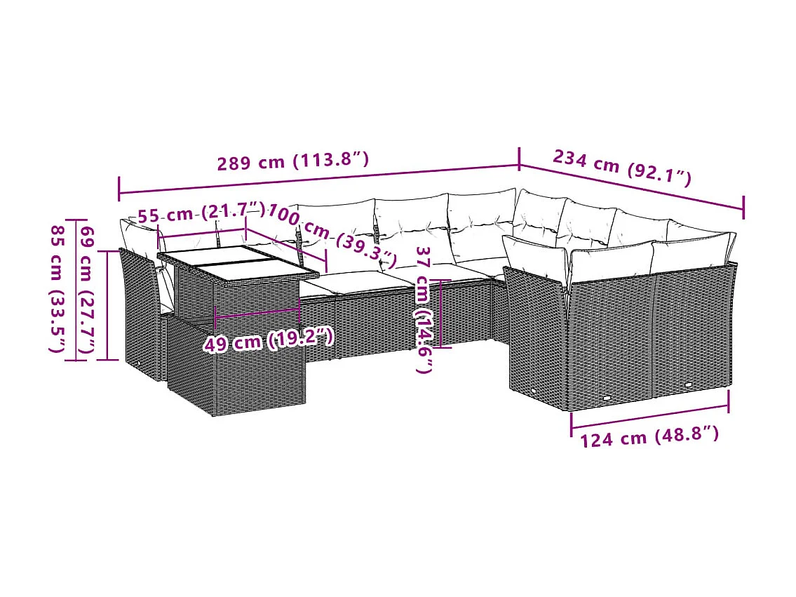 10-delige Loungeset met kussens poly rattan lichtgrijs