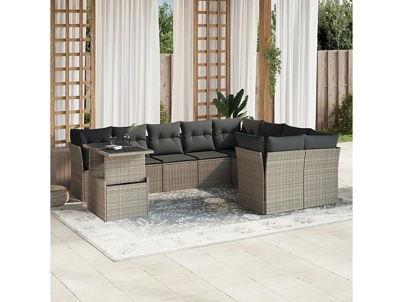 10-delige Loungeset met kussens poly rattan lichtgrijs