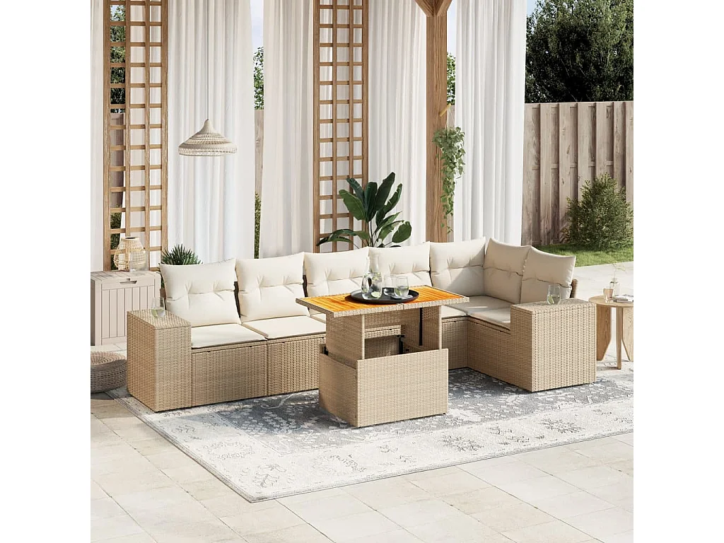 Salon de jardin avec coussins 7 pièces beige résine tressée