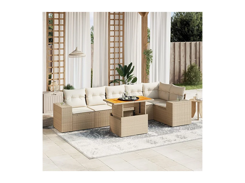 7-delige Loungeset met kussens poly rattan beige