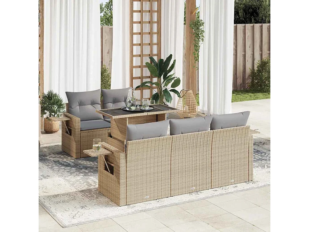6-delige Loungeset met kussens poly rattan beige
