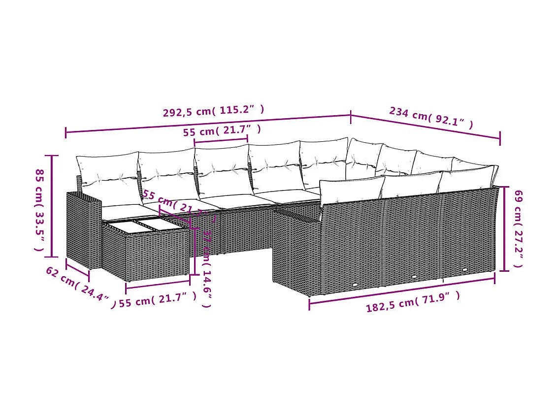 Salon de jardin et coussins 11 pièces marron résine tressée