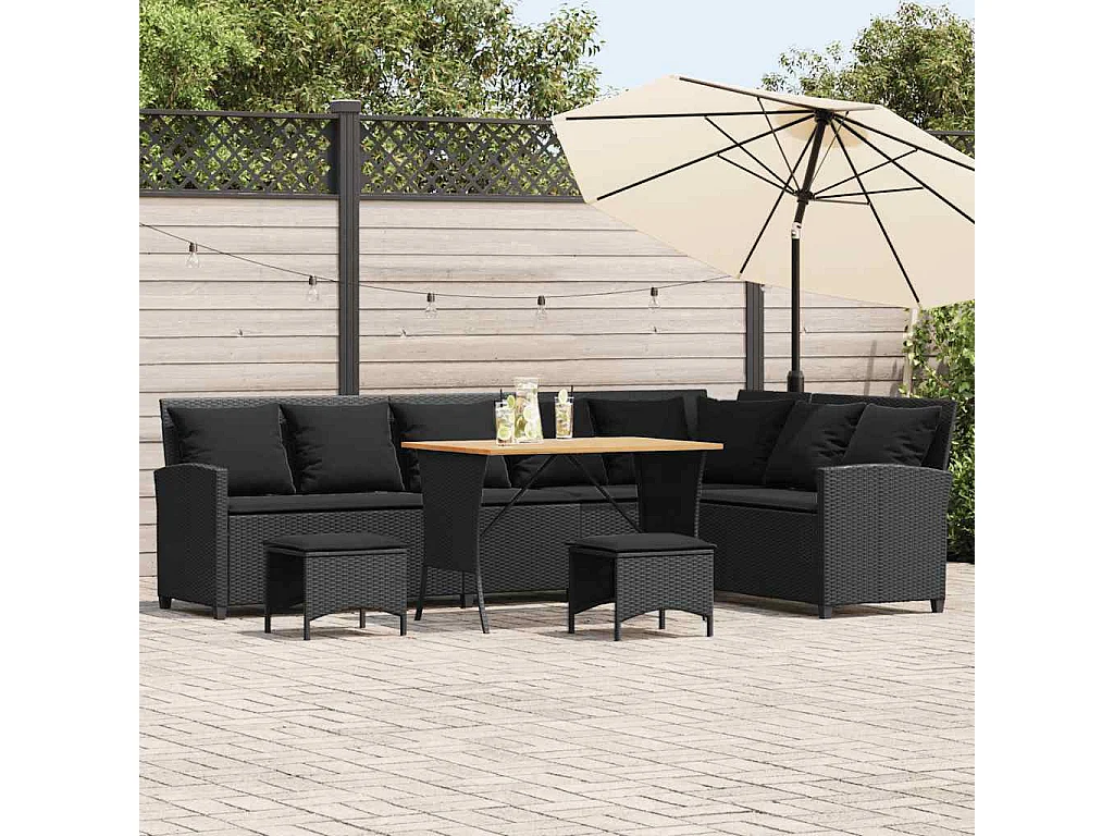 Set de sofás de jardín en forma de L con cojines 4 piezas negro