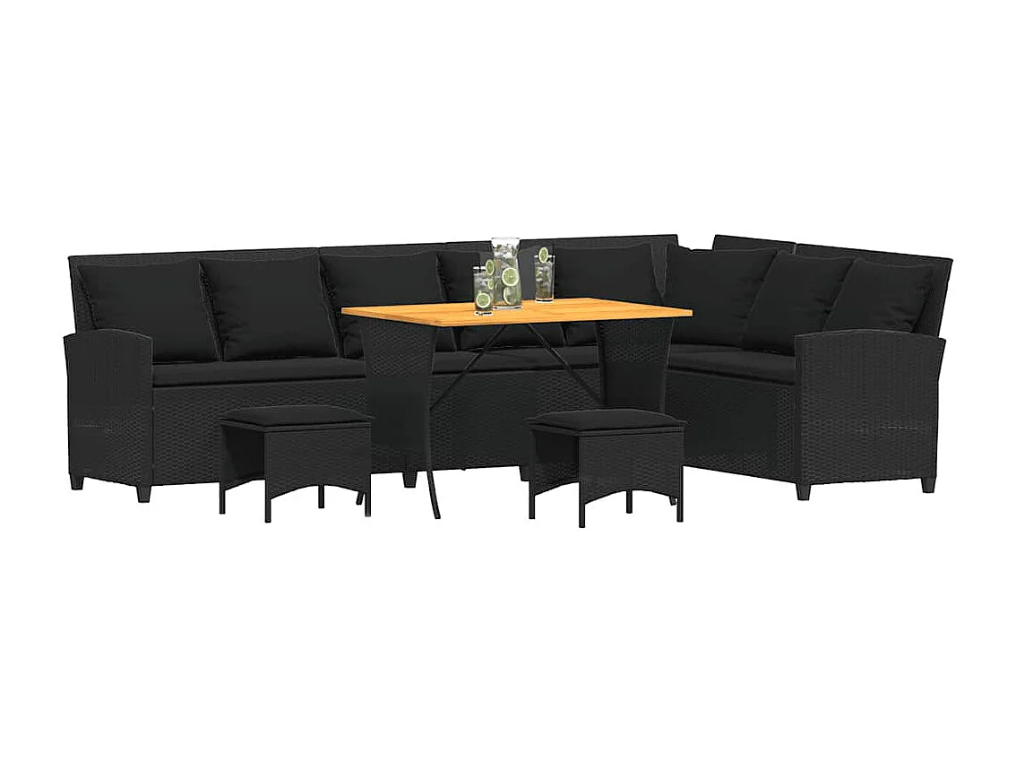 4 peças conjunto sofás de jardim com almofadões em L vime PE preto