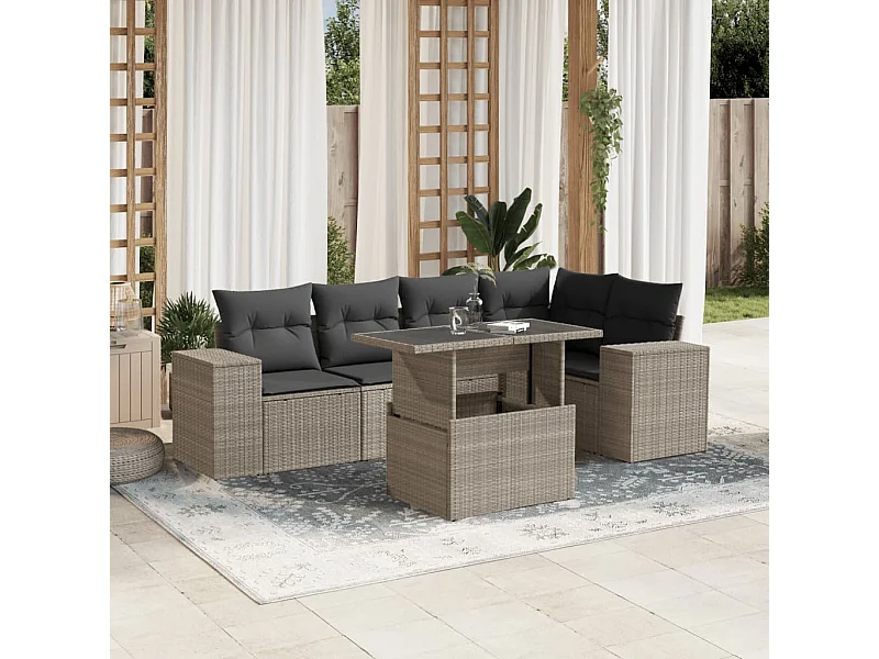 Salon de jardin 6 pièces avec coussins gris clair résine tressée