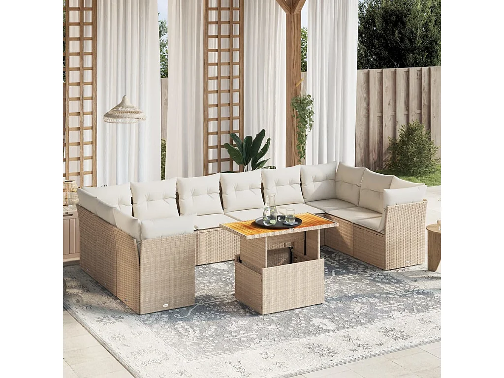 Salon de jardin 11 pièces avec coussins beige résine tressée