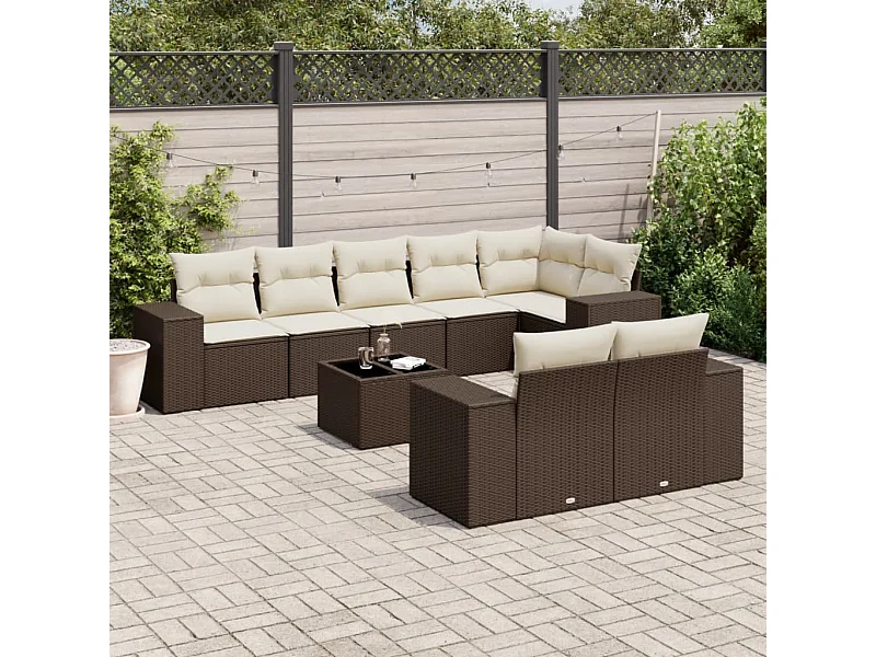 Set de sofás de jardín 9 piezas y cojines ratán sintético marrón