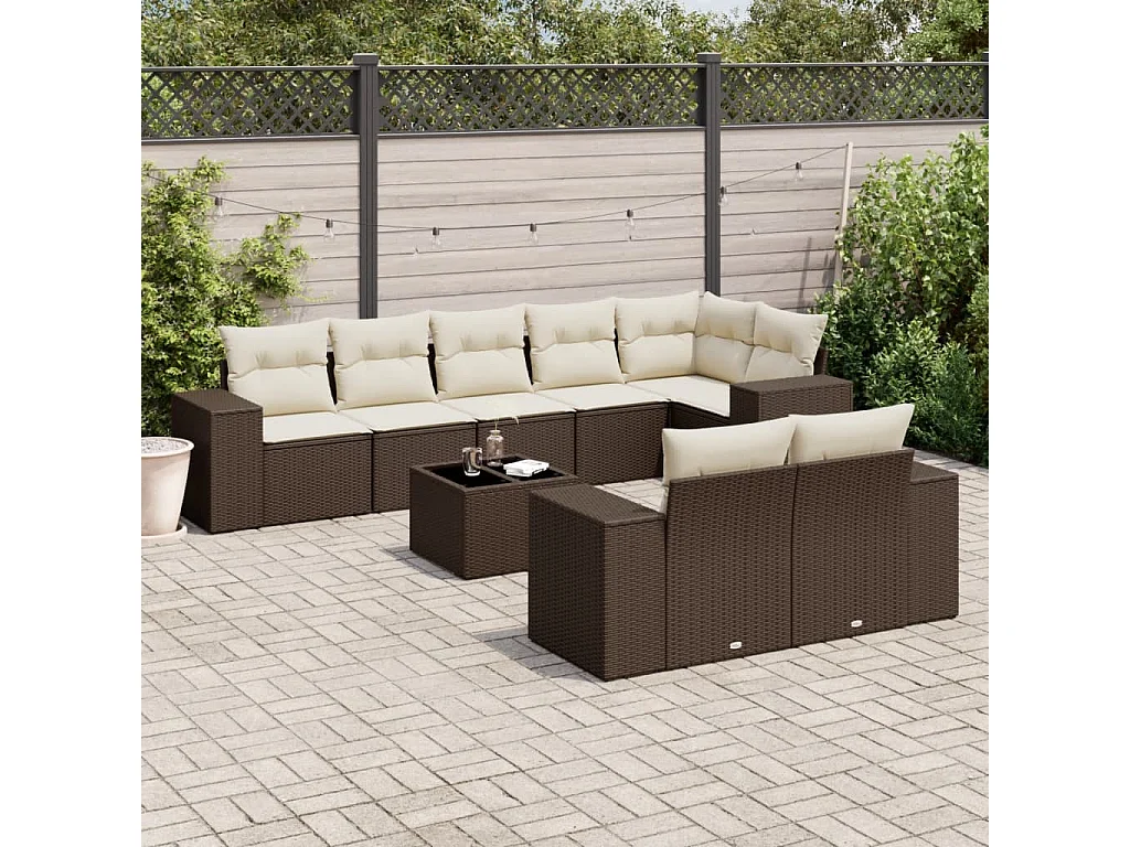 Set de sofás de jardín 9 piezas y cojines ratán sintético marrón