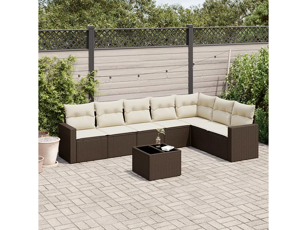 8 peças conjunto sofás de jardim com almofadões vime PE castanho