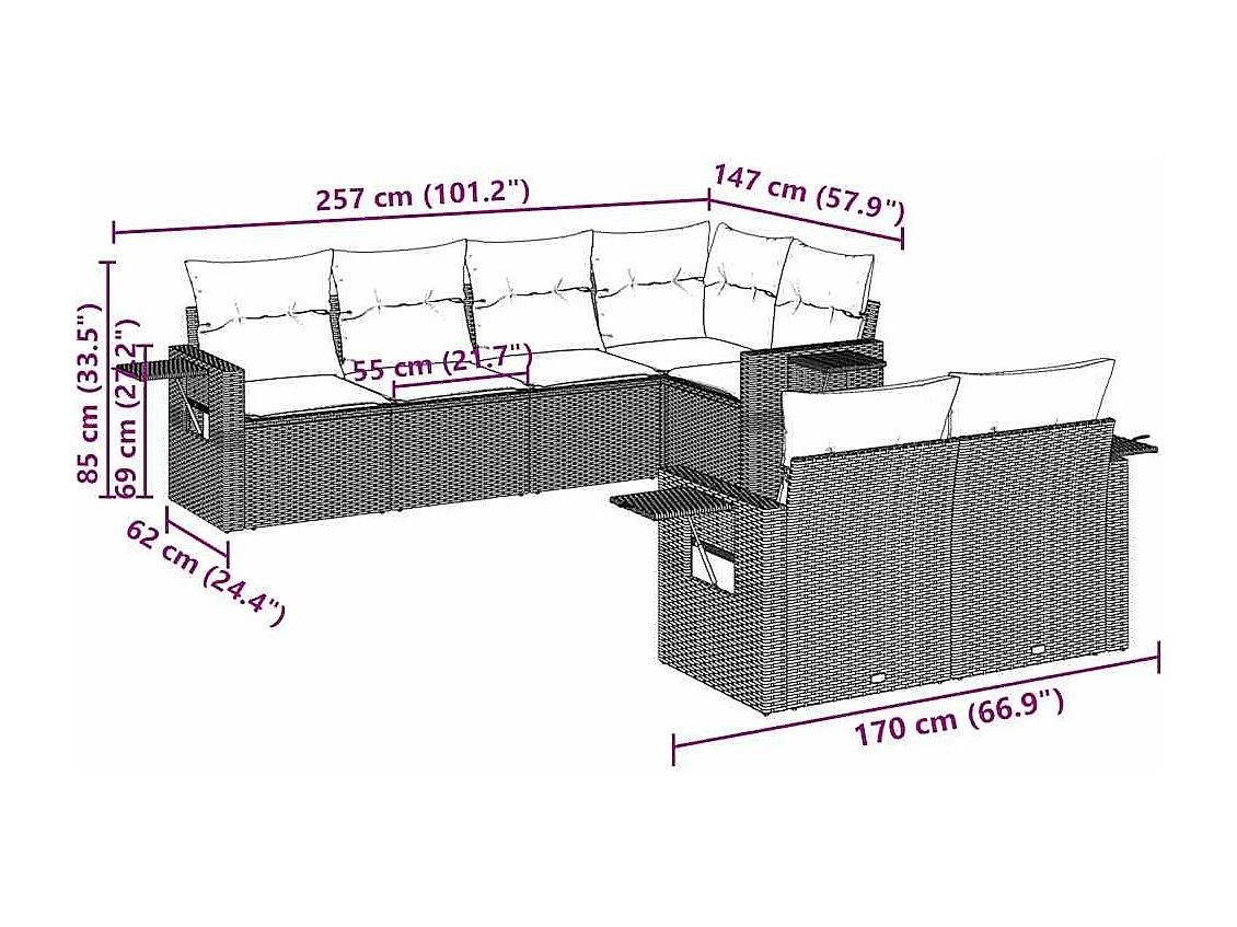 7 peças conj. sofás jardim com almofadões vime PE cinzento-claro