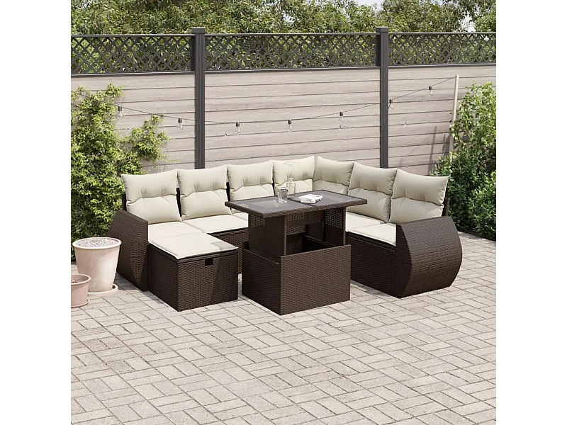 Salon de jardin 8 pièces avec coussins marron résine tressée