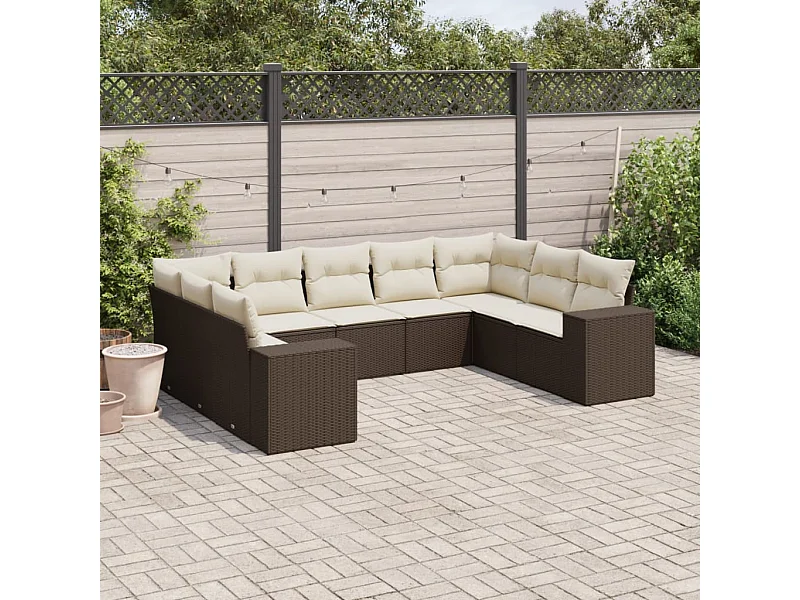 9-delige Loungeset met kussens poly rattan bruin